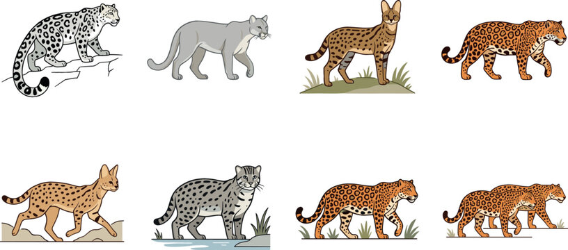 Wild cats collection vector illustration featuring different feline species including snow leopard cougar serval jaguar leopard and ocelot isolated on white background