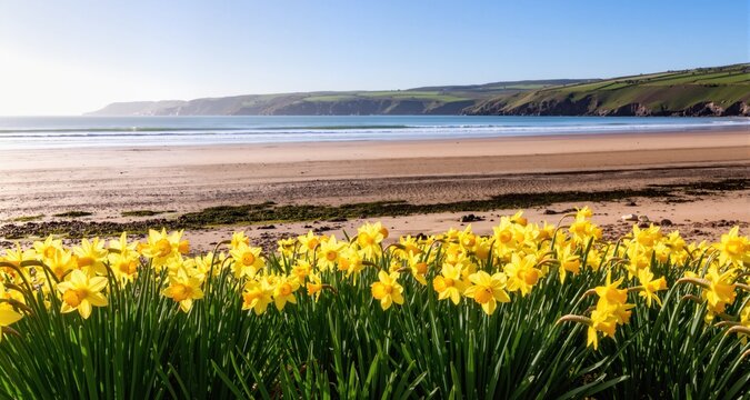Daffodils at Beer beach in Devon in spring sunshine
