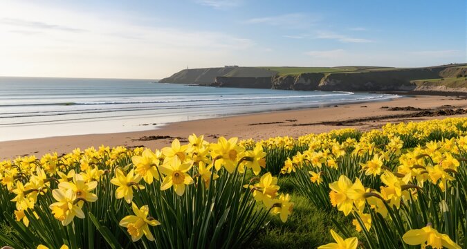 Daffodils at Beer beach in Devon in spring sunshine
