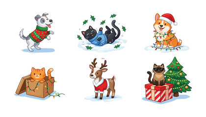 Fototapeta premium Cute Christmas Animal Illustration Set with Dog, Cat, Reindeer, and Festive Pet Characters for Holiday Celebration Designs.