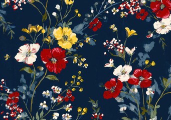 Obraz premium Elegant, luxury, vintage seamless repeatable pattern featuring red, white, and yellow flowers on a navy blue background