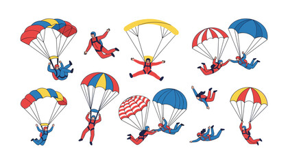 Skydiving and Parachute Sport Illustration Set with Freefall Jumping Characters and Colorful Canopy Designs for Adventure Activities. © Creative Studio 