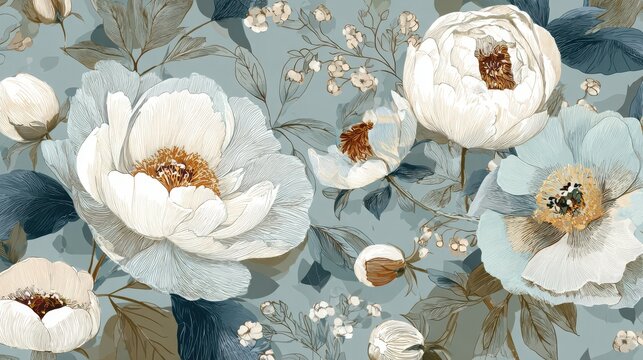 Elegant, luxury, vintage seamless repeatable pattern featuring a light blue and gray floral pattern with white peonies, gray leaves, and small brown accents on the flowers
