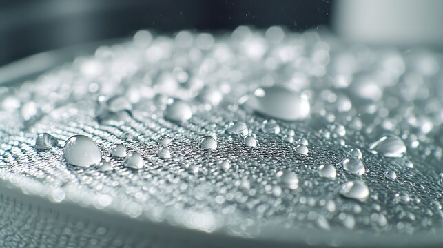 Hydrophobic membrane testing surface repulsion effects water beads spherical formation macro perspective material properties laboratory environment scientific documentation