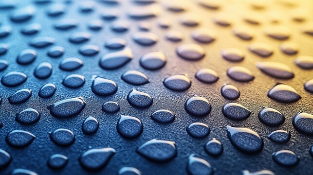 Synthetic morning surface dewdrops hydrophobic hydrophilic contrast water beading spreading engineered zones material texture macro side angle professional