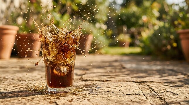 Cold cola soda splashing out of a glass with ice cubes on stone patio