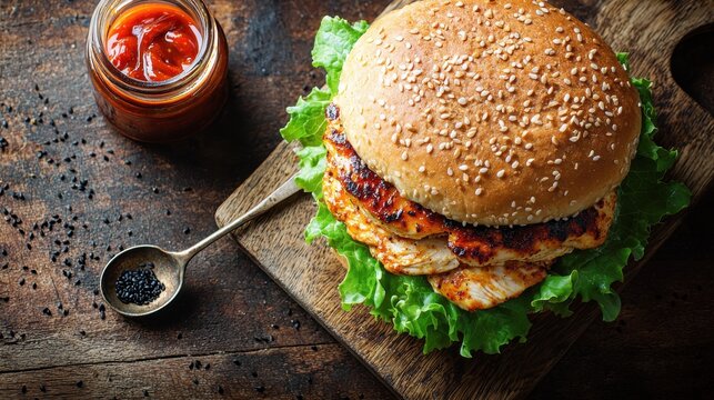 Premium grilled chicken burger with sriracha mayo sauce on wooden board sesame seed bun fresh lettuce restaurant quality fast food