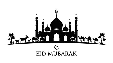 Eid Mubarak, Islamic greeting, mosque silhouette, Ramadan celebration, black vector icon isolated on White Background eps © ChadnhiAkter