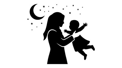 Mother and baby silhouette, night sky, crescent moon and stars, family love isolated on White Background eps © ChadnhiAkter