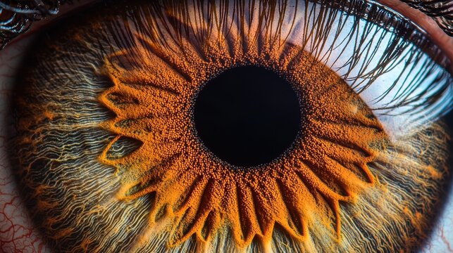 Iris pattern uniqueness detailed macro photography showing radial striations crypts brown amber tones natural eyelash framing artistic composition