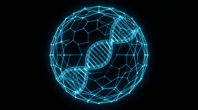 Glowing blue digital dna double helix structure encased within a complex geometric sphere of interconnected nodes and lines in this artistic conceptual image representing advanced genetics and future 