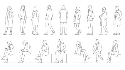 CAD vector outlines of diverse human figures in various poses, for architectural scale drawings, urban planning, and project visualization © Tom