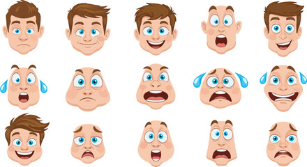 Fototapeta premium Cartoon Man Facial Expressions and Emotions Vector Set