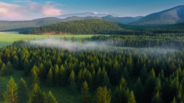 Misty forest landscape with distant mountain range