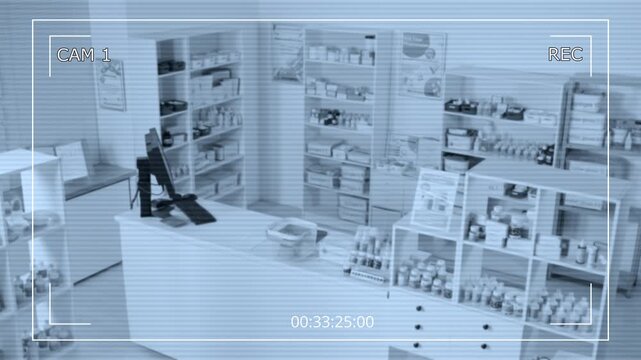 Black and white high angle shot of empty pharmacy interior with checkout counter and shelves, CCTV footage view with interface overlay, , copy space