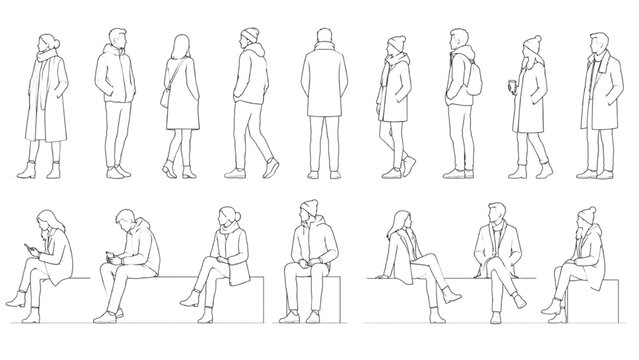 CAD vector outlines of diverse human figures in various poses, for architectural scale drawings, urban planning, and project visualization