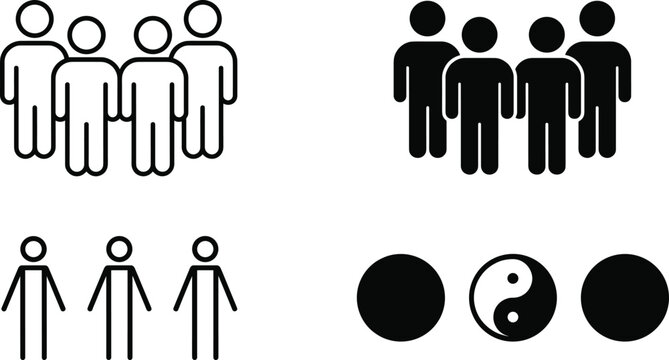 Minimalist vector icon set featuring diverse people groups, community silhouettes, and ying yang symbol for business and social harmony