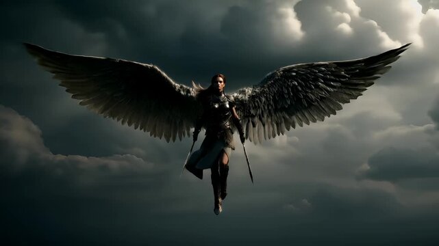 Fantasy wallpaper. A dramatic digital artwork depicts an angel in midflight against a stormy sky. The angel, with large, detailed wings spread wide, is the central subject.