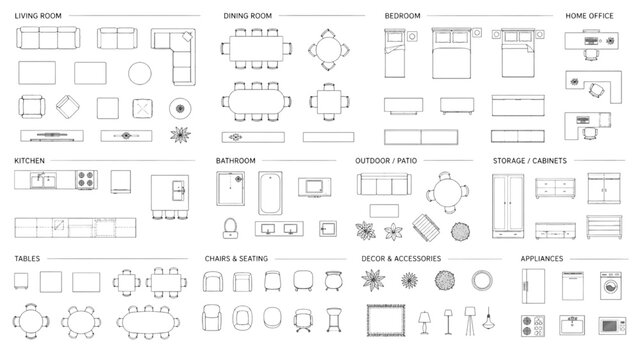 Top View Furniture and Home Decor Symbols for CAD Drawings and Architectural Floor Plans
