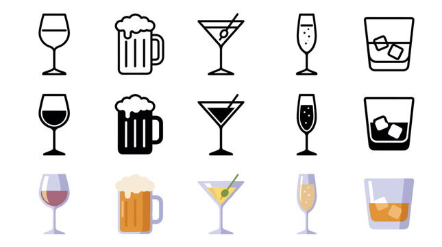 Alcoholic beverage glasses and drinkware icons collection in various styles including outline, solid, and flat designs for menus or web applications.