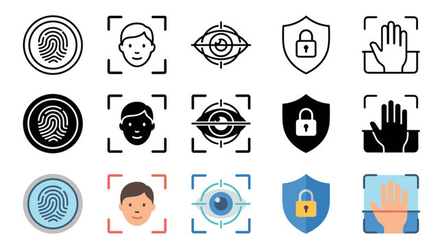 Biometric security authentication and data protection icons collection representing modern digital access control and personal identification systems.