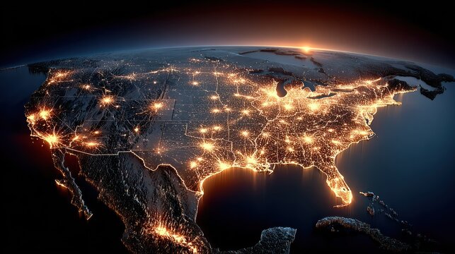 USA at night, illuminated cities
