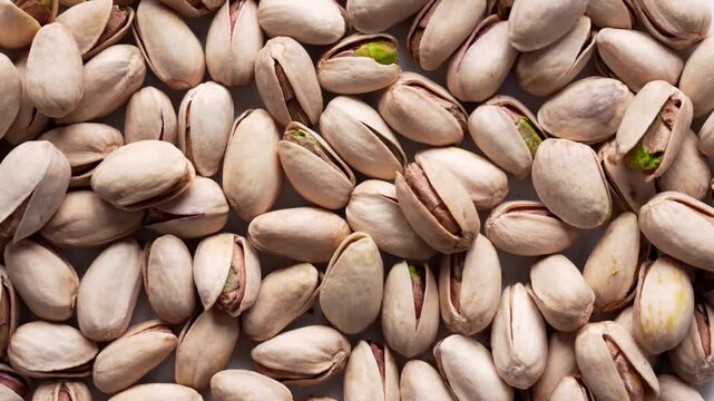 Cracked pistachios in shells. Crunchy roasted nuts. Nutritious dry food. Rotation. Top view
