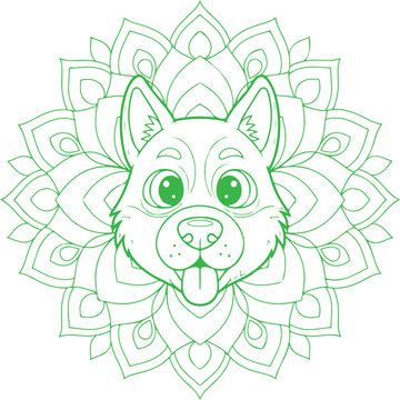 Mandala-style wolf face sketch with ethereal green highlights Vector, illustration