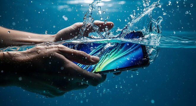 Hands holding a waterproof smartphone submerged under blue water with splashes