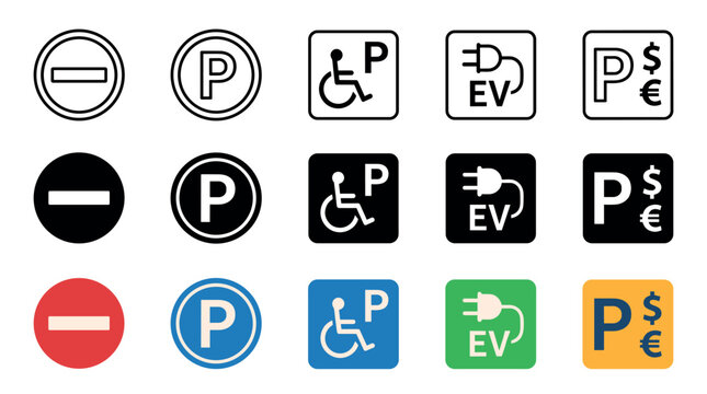 Various parking and road signs collection vector illustration featuring different types and color variations including no entry, standard, handicap, electric vehicle charging
