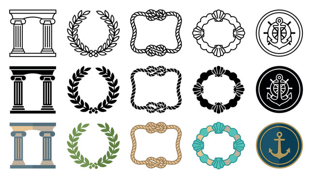 Decorative frames and symbols collection featuring classical pillars, laurel wreaths, nautical rope borders, seashell frames, and anchor badges in various styles.