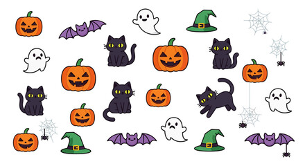 Obraz premium Tiny Black Cats and Orange Pumpkins With Whimsical Spooky Icons on a White Background