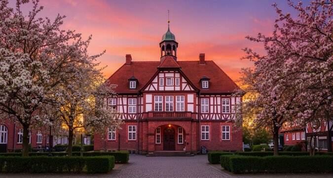 Germany, Altes Land, Jork, Jork town hall in spring at sunset
