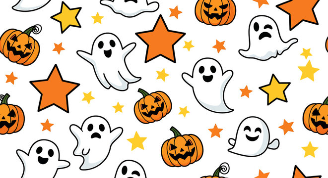 Seamless Pattern Featuring Cute Grinning Pumpkins and Playful Ghosts on a White Background