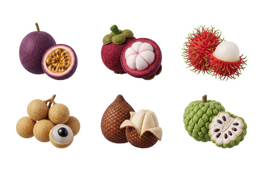 3D render set of exotic Asian fruit icons in soft felt style featuring passion fruit, mangosteen, rambutan, longan, salak snake fruit, and sugar apple