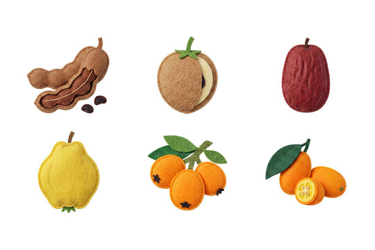 3D render set of exotic and tropical fruit icons in soft felt style featuring tamarind, sapodilla, jujube, quince, loquat, and kumquat