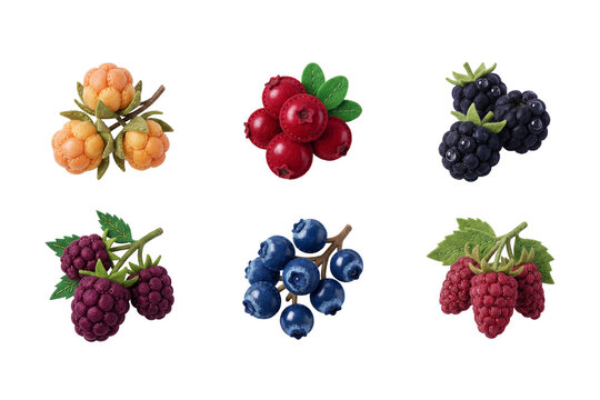3D render set of wild berry icons in soft felt style featuring cloudberry, lingonberry, blackberry, boysenberry, blueberry, and loganberry
