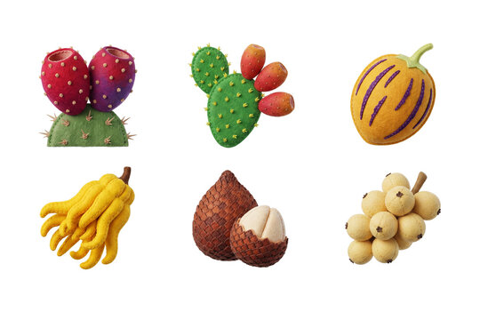 3D render set of exotic and tropical fruit icons in soft felt style featuring prickly pear, cactus fruit, pepino melon, Buddha's hand citron, salak snake fruit, and longkong
