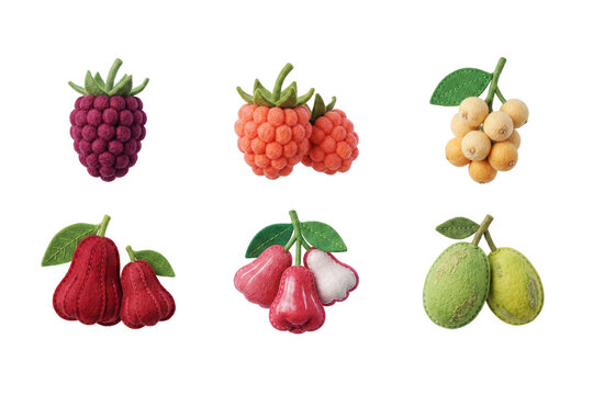 3D render set of berry and tropical fruit icons in soft felt style featuring mulberry, raspberry, longkong, rose apple, and ambarella