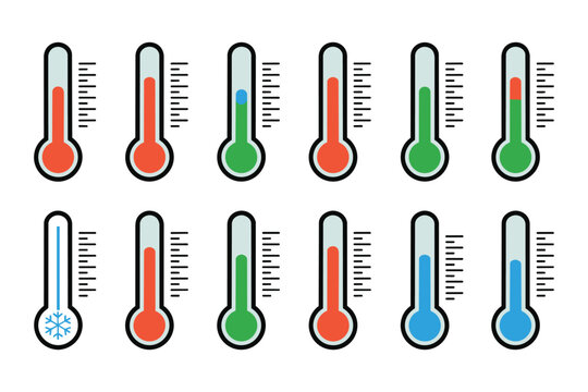 Colorful glass thermometers indicating hot warm cool and freezing weather conditions with celsius or fahrenheit scale for meteorology and health vector.