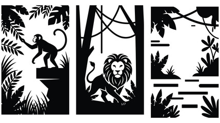 Jungle animals silhouettes monkey lion in tropical forest setting. © Amina