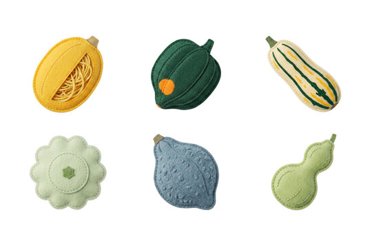 3D render set of winter squash and gourd icons in soft felt style featuring spaghetti squash, acorn squash, delicata, pattypan, blue hubbard, and calabash