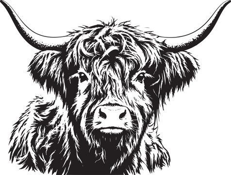 Scottish Highland cow portrait vector illustration. Detailed black and white longhorn cattle head with long shaggy hair. Hand-drawn vintage engraving style.