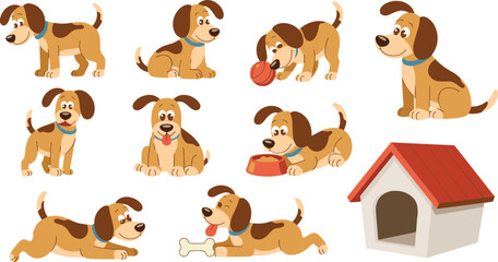 Obraz premium Cute Dog Character Set with Puppy Playing Eating Sleeping Fetching Bone and Doghouse Pet Illustration