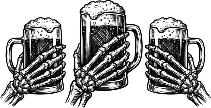 Skeleton Hands Holding Beer Mugs with Frothy Foam in Vintage Woodcut Engraving Style Black and White Halloween Clipart Vector Illustration