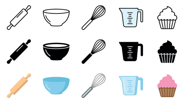 Baking tools and dessert icons are displayed in a variety of styles, including outline, solid black, and colorful illustrations, representing essential kitchen utensils and sweet treats.
