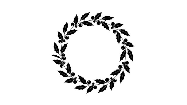 Black and White Decorative Leaf Wreath with Berries Illustration, Isolated White Background