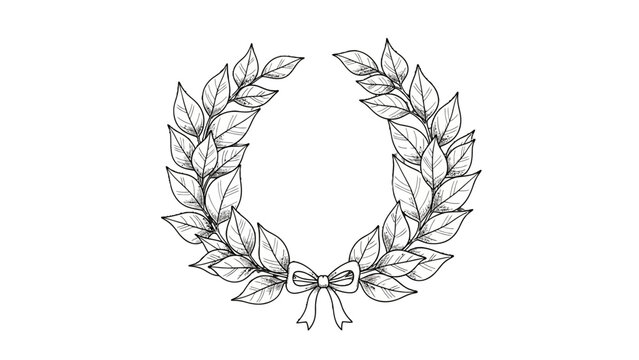 Detailed Laurel Wreath with Bow Line Art Illustration, Isolated White Background