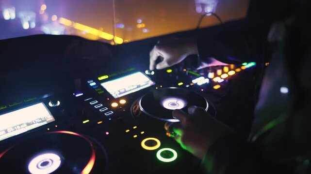 Close up of DJ hands mixing music on a professional controller in a dark nightclub with colorful neon lights