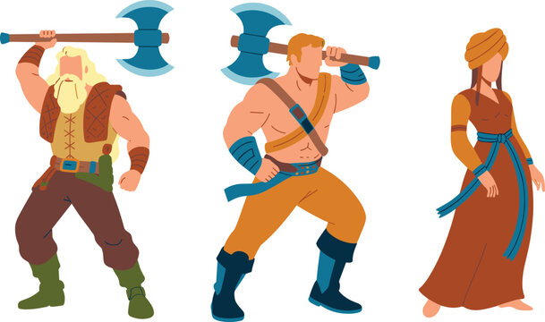 Fantasy Warrior Character Set with Viking Fighters Battle Axes Female Adventurer and Medieval Game Hero Illustration